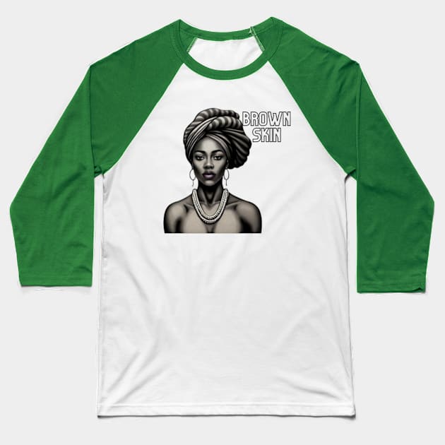 Brown Skin B&W Head Wrap Beauty Baseball T-Shirt by Brown Skin Garms By Urmajes-Tees 